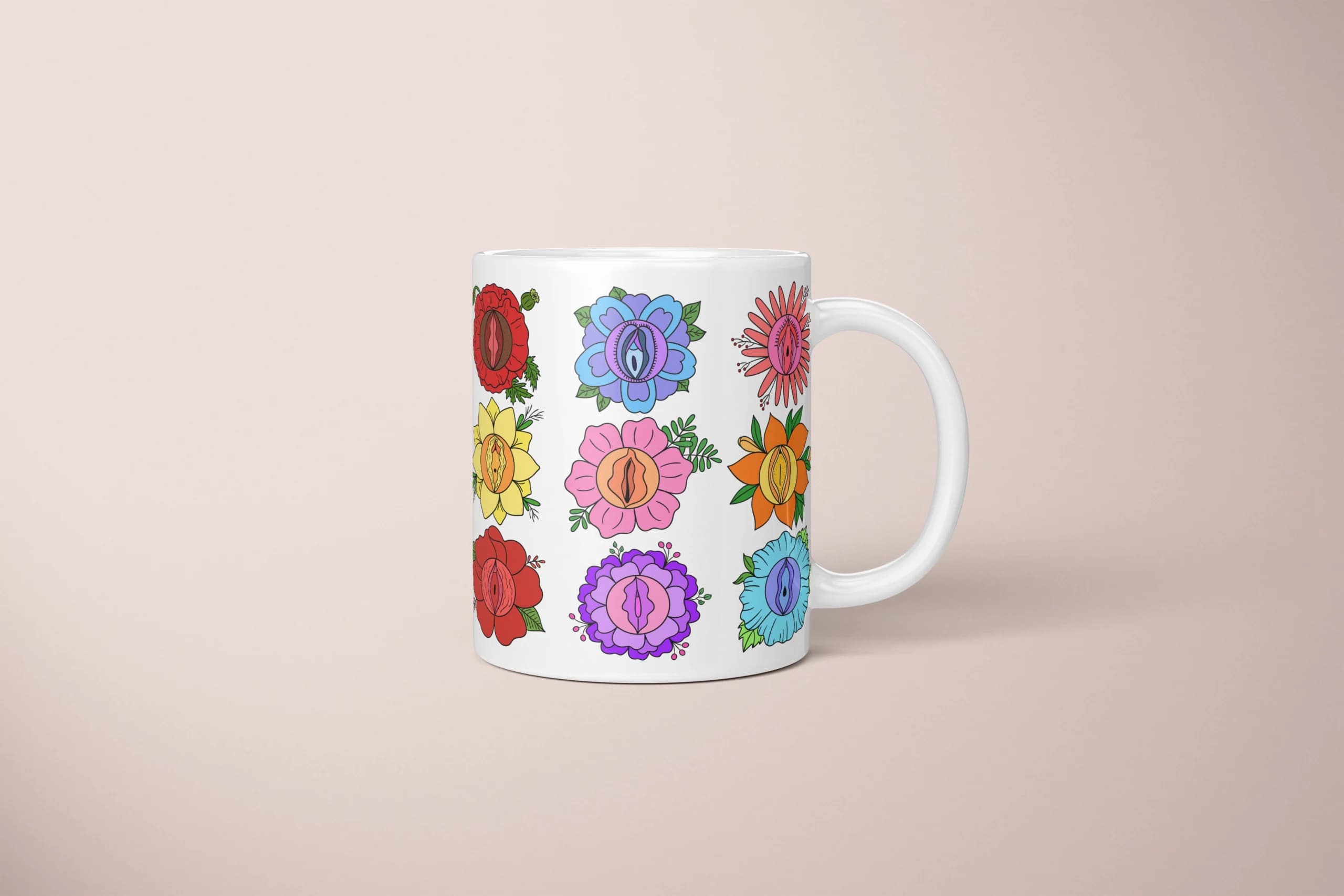 Vulva category: Floral Vulva Mug: Colourful Flower Blossoms — a real ceramic mug.