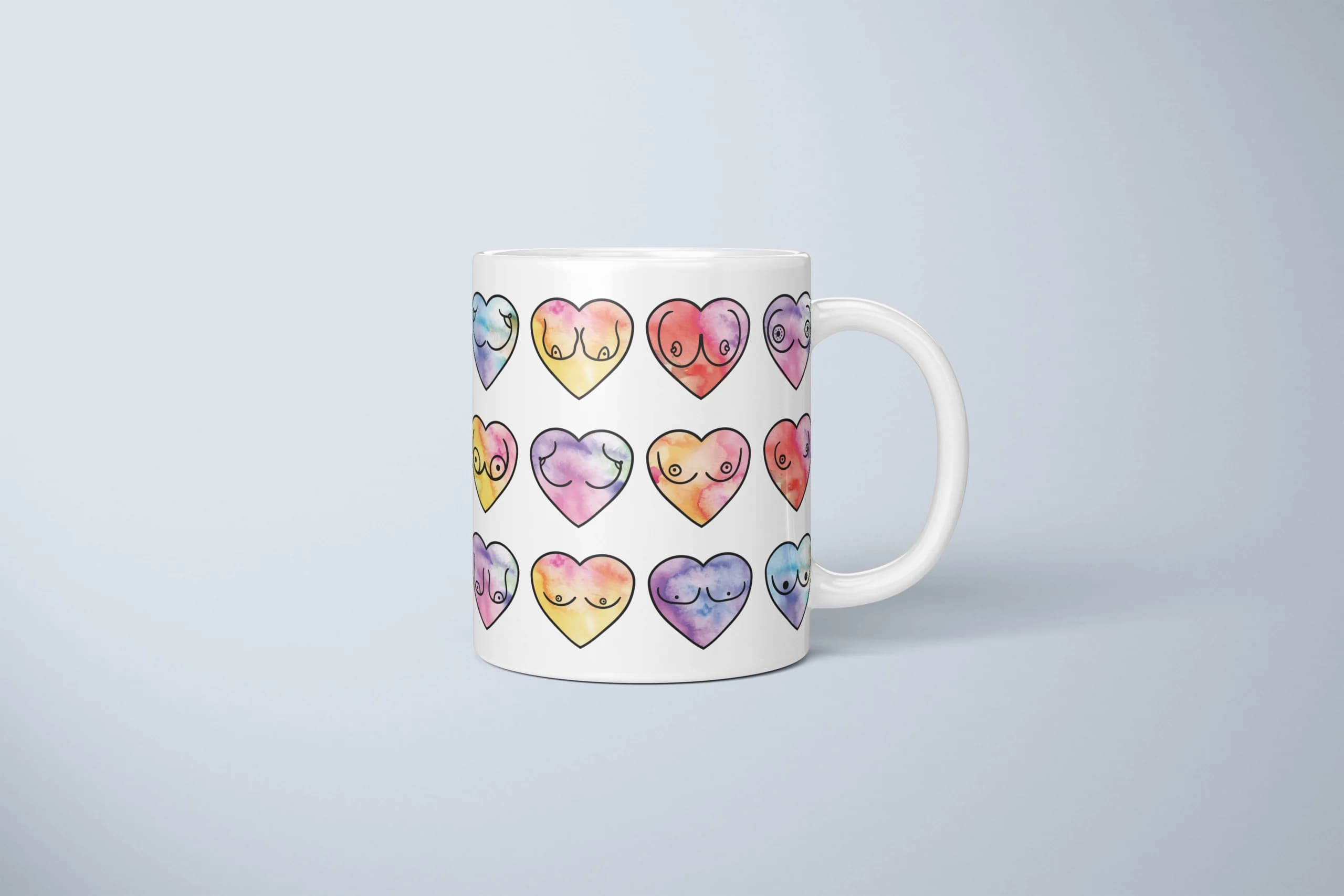 Boobs category: Heart Boob Mug: Watercolour Body Art — a real ceramic mug.