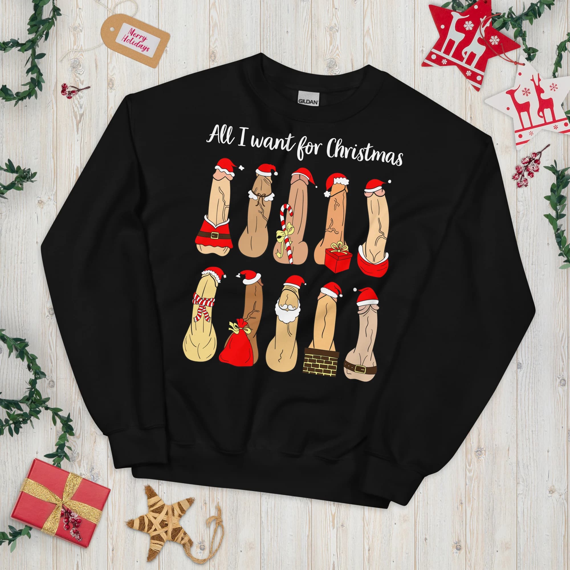 Black crewneck sweatshirt laid flat with ten festive penis illustrations and sample 'All I want for Christmas' text.